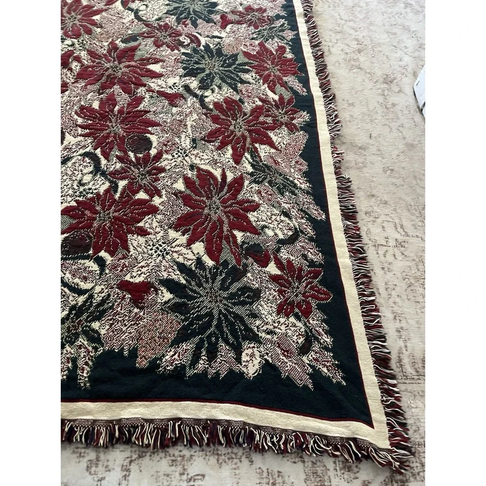 REVERSIBLE Christmas Tapestry Throw Blanket Poinsettia Flower Holiday 67